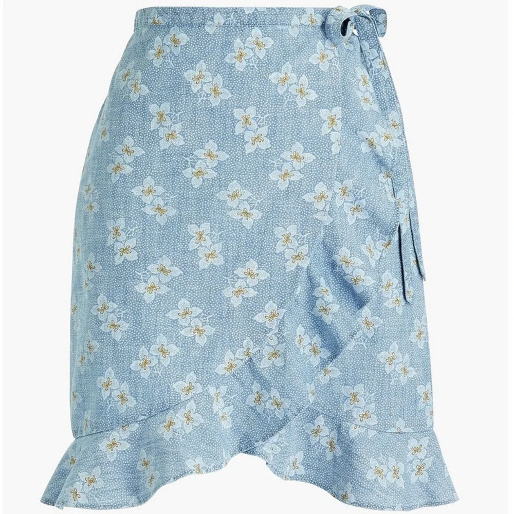 J.Crew Faux Wrap Skirt Women XS Blue Floral Chambray Ruffle Mini Cottagecore